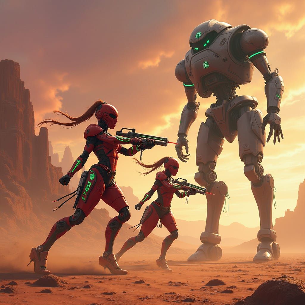 Cyberpunk Battle on Desert Planet: Female Cyborgs vs Metalli...