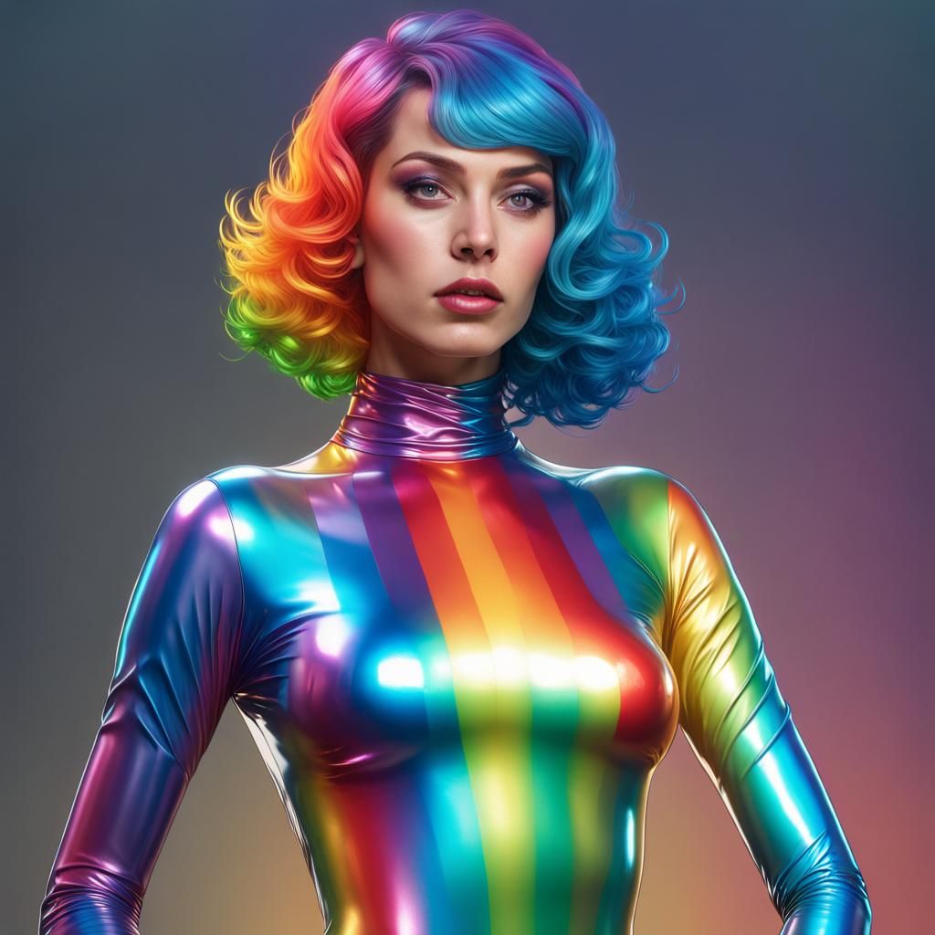 Rainbow Latex Catsuit Portrait in Artstation Style
