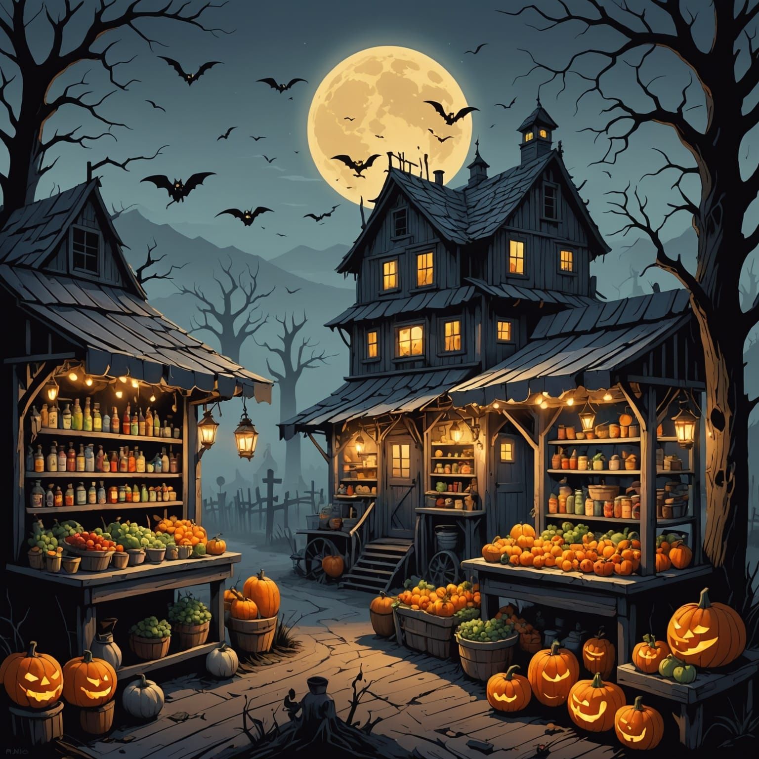 Haunting Farmstand at Dusk in Dark Fantasy Style