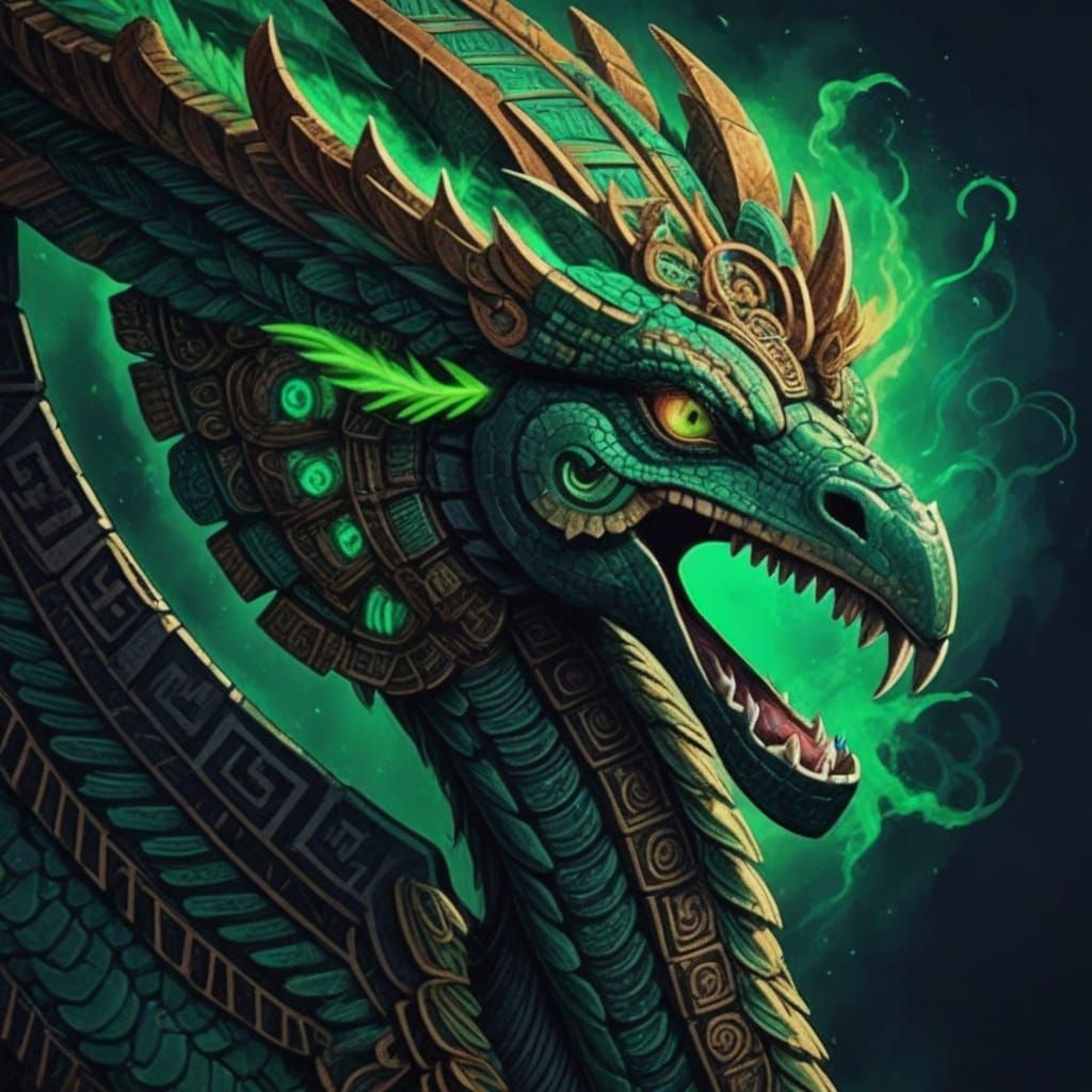 Ancient Mesoamerican Deity in a Vibrant, Surreal Art Style