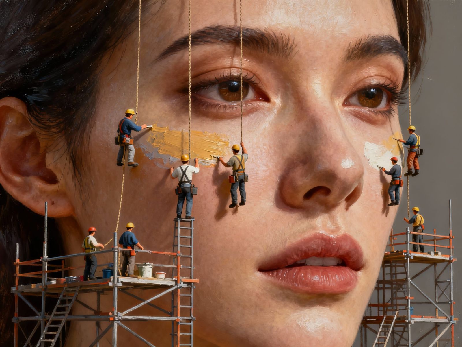 Tiny Builders Paint Woman's Face in Soft Oil Style