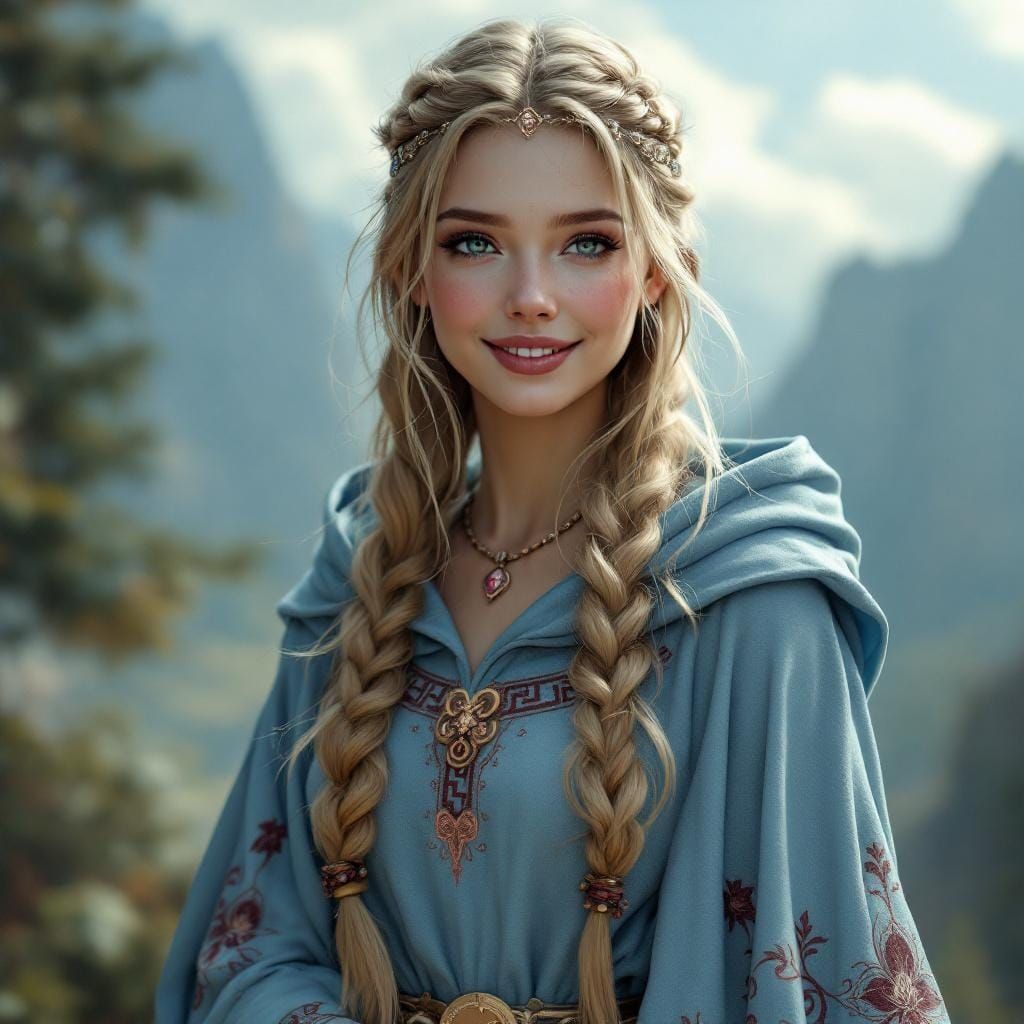 Viking Goddess Gersemi with Braided Hair and Rune Embroidery