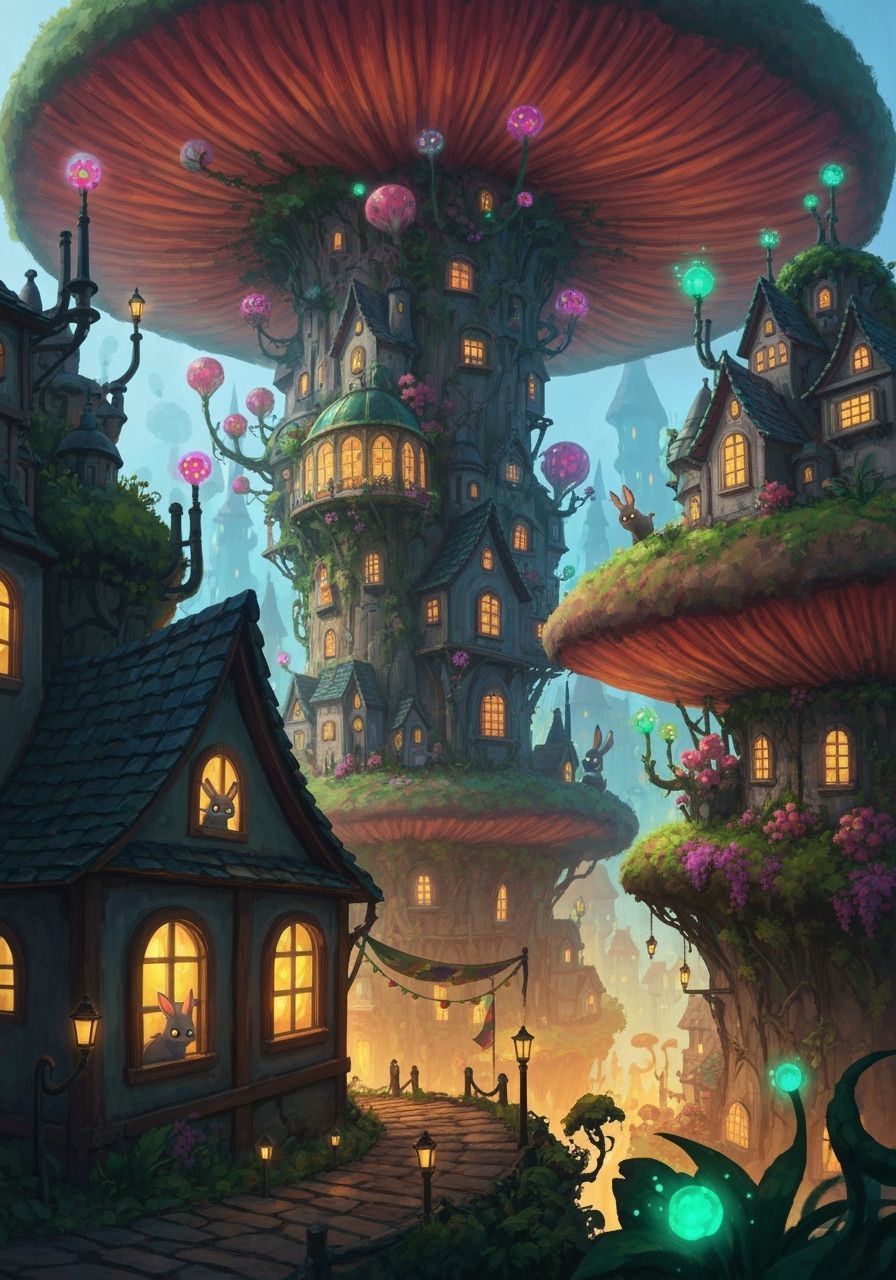 Ghibli-Style Fantasy City on Giant Mushroom