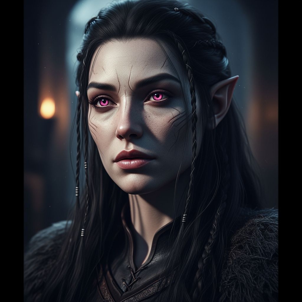 Cinematic Portrait of a White-Skinned Half-Orc Woman with Pi...