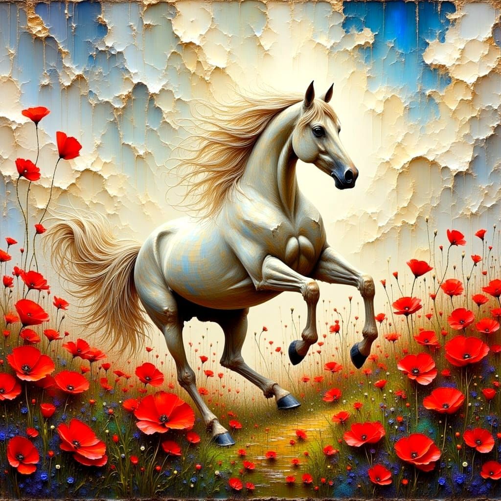 Magical Horse Amidst Vibrant Red Poppies in Ethereal Landsca...