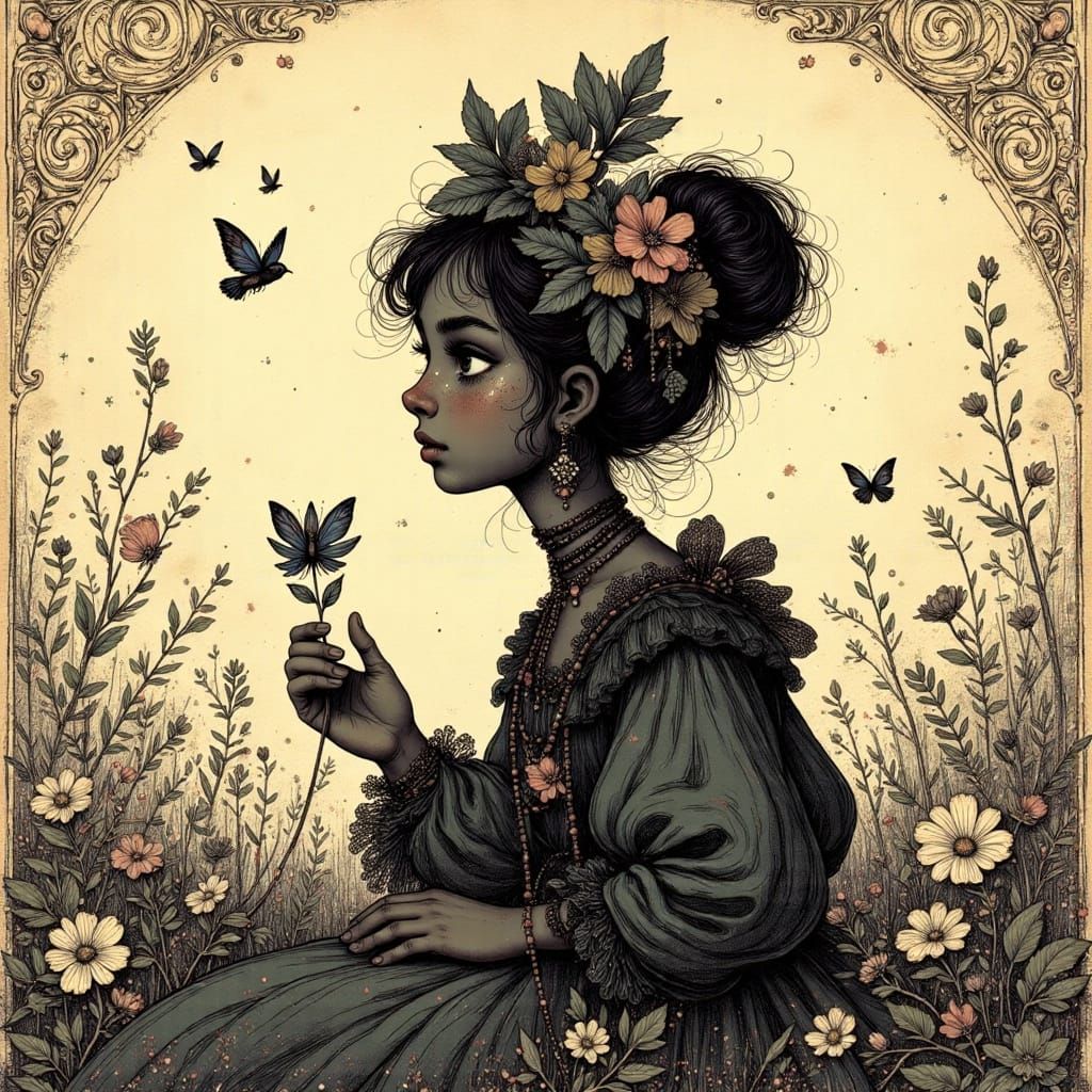 Romantic Baroque Silhouette of a Glitter Fairy in Mixed Medi...