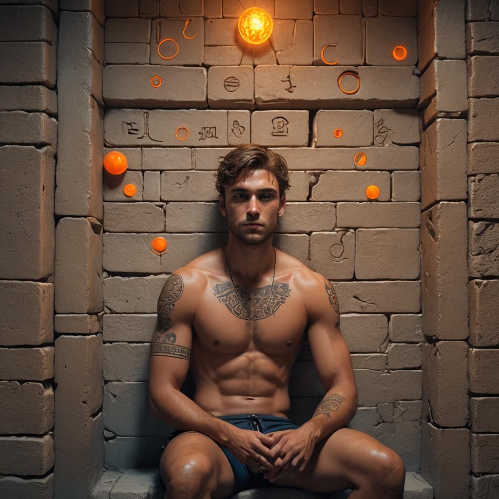 Boy in Jail Cell with Mystical Symbols