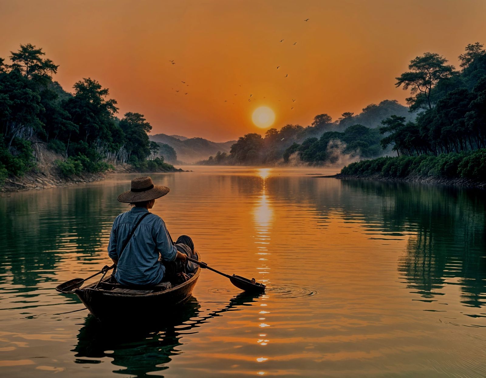 Asian River Landscape at Sunrise or Sunset