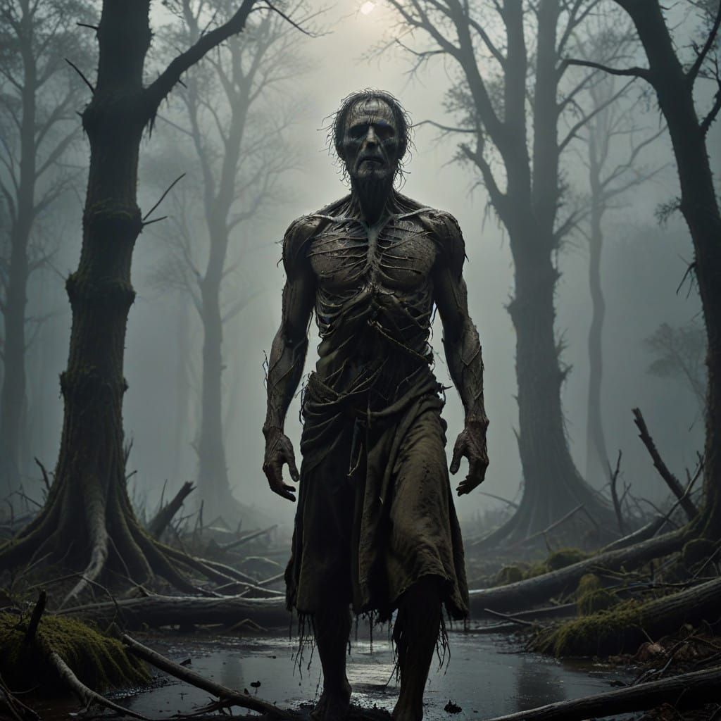 Man Fights Terror in a Haunting Forest Landscape