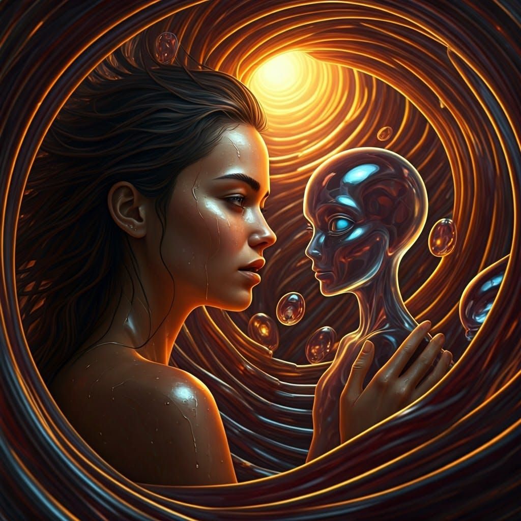 Surreal Woman in Conversation with a Glass Alien in a Vibran...