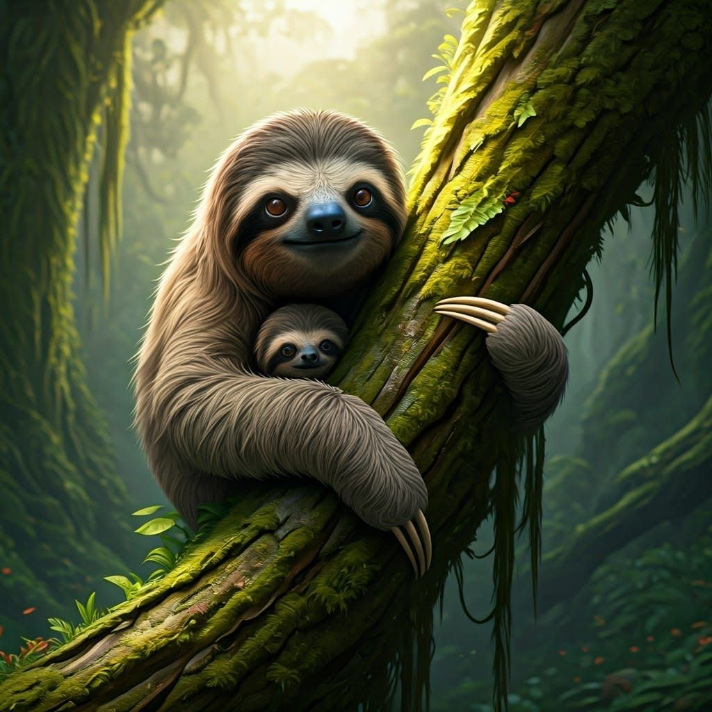 Fluffy Sloth Family in Lush Fantasy Forest