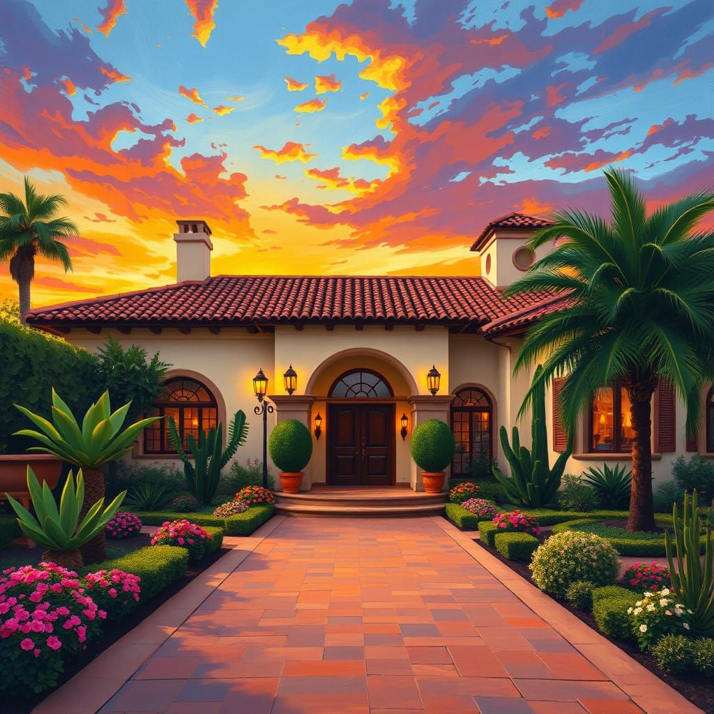 Warm Spanish Villa at Sunset, in Vibrant Folk Art Style