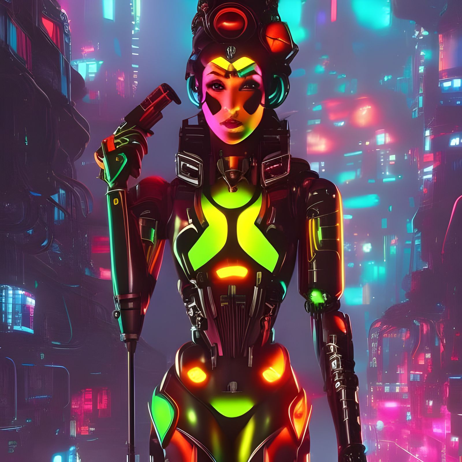 Neon Cyberpunk Cyborg Robot Goddess in Steampunk Style