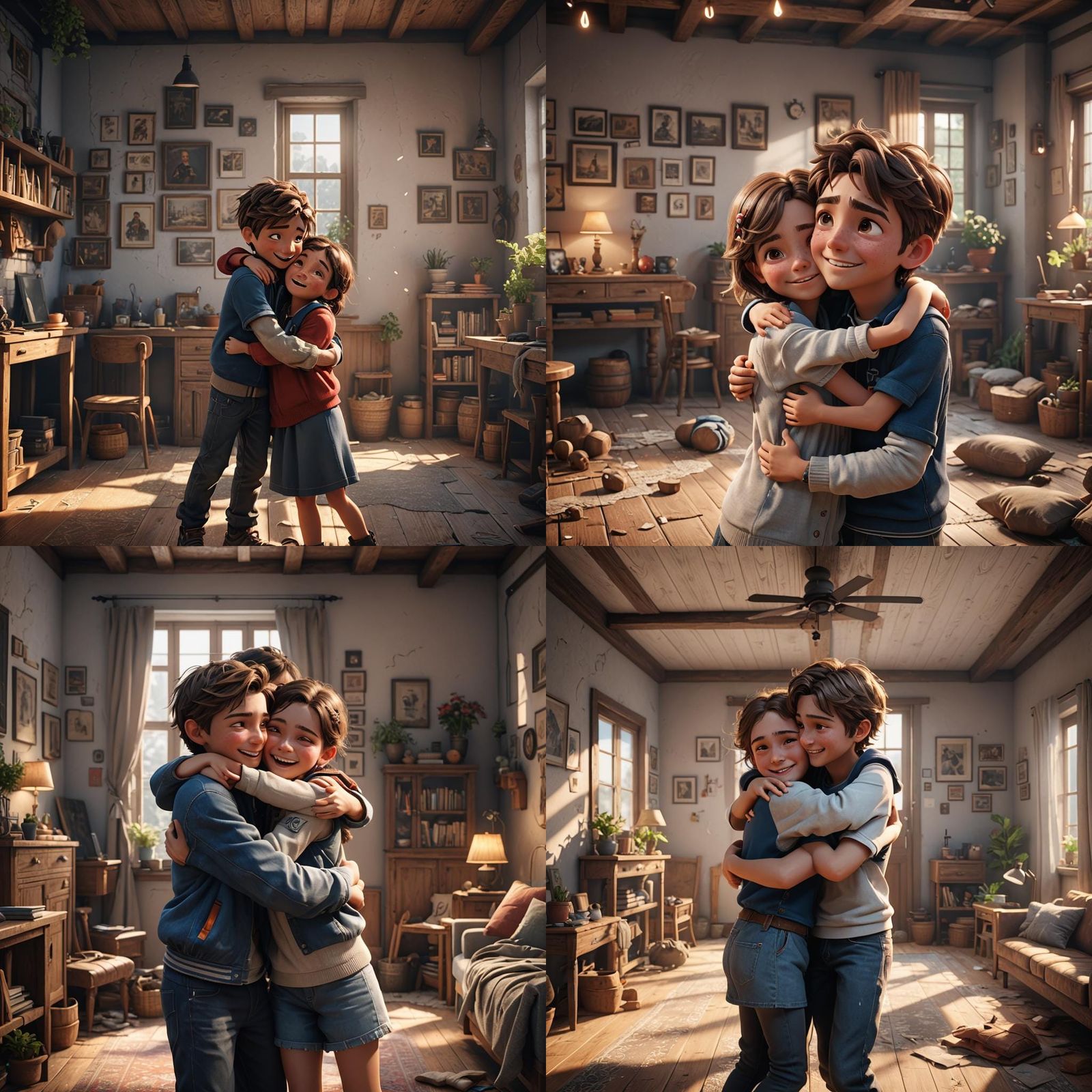 Excited Children Hugging: 3D Game Cinematic Scene
