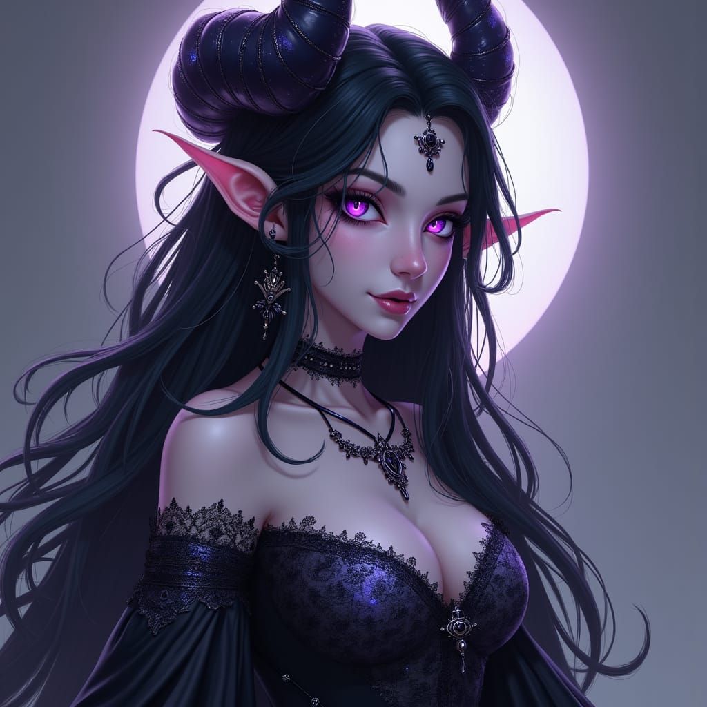 Ethereal Tiefling Bard Portrait in Dark Fantasy Style