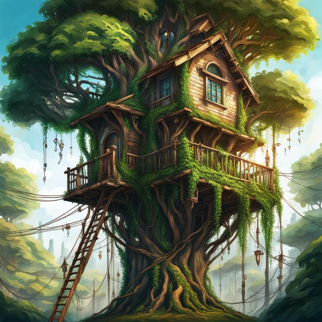 Hyperrealistic Forest Treehouse City Concept Art