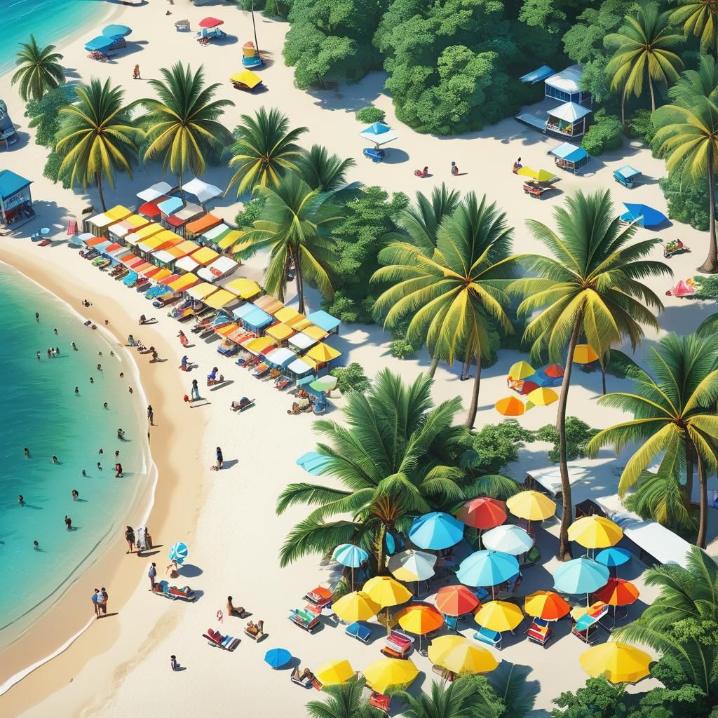 Tropical Island Beach with Palm Trees and Bar