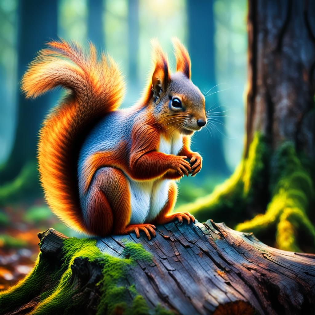 Red Squirrel in Misty Forest: Fantasy Oil Painting