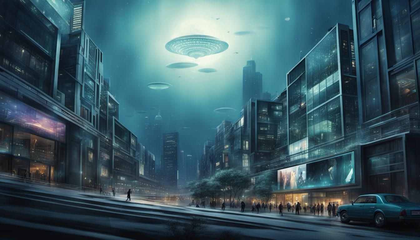 Futuristic Cityscape with UFOs in Science Fiction Style