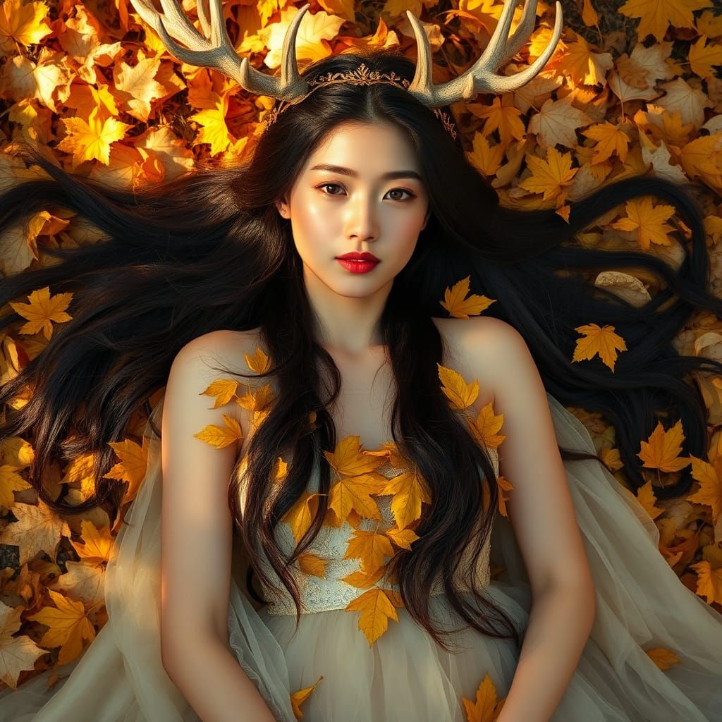 Autumn Woman with Golden Leaves and Antlers