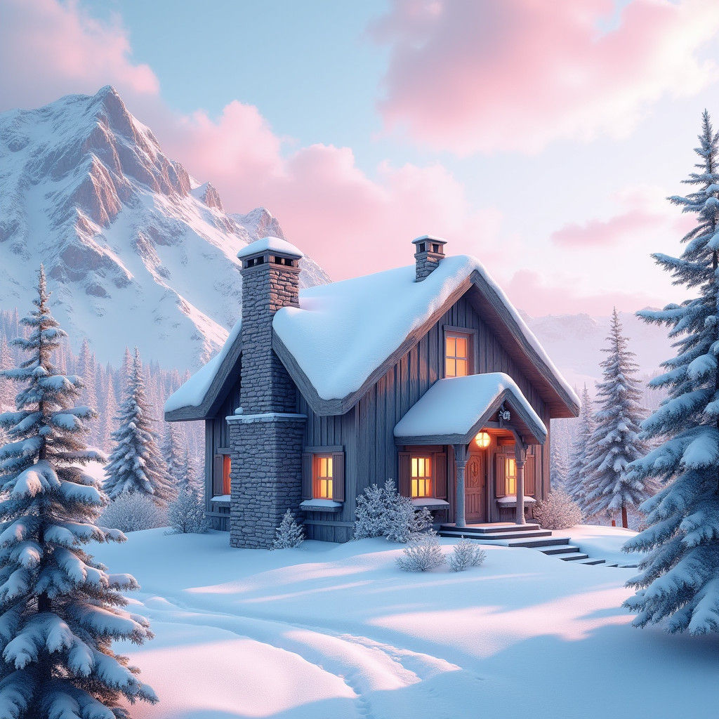 Snowy Cottage Under Pink Sky: A Digital Masterpiece