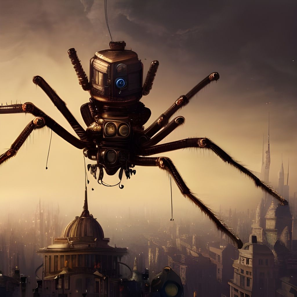 Steampunk Spider Walking Over City, Detailed Digital Art
