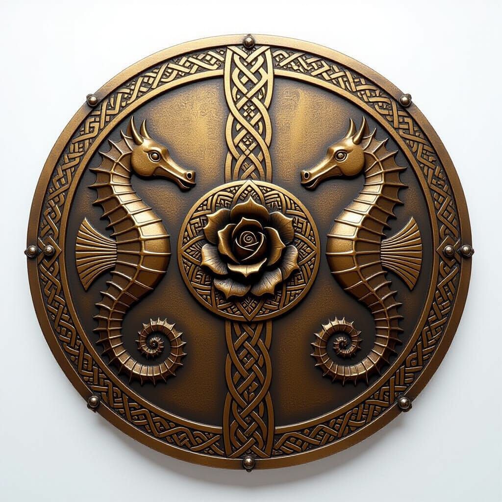 Viking Bronze Shield with Rose and Seahorses