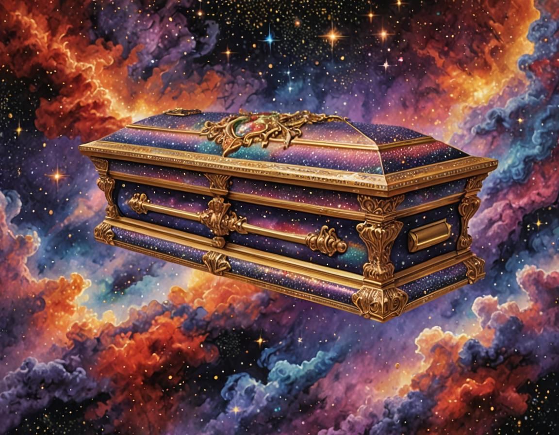 Ornate Coffin Floating in Nebula: Pointillism Masterpiece