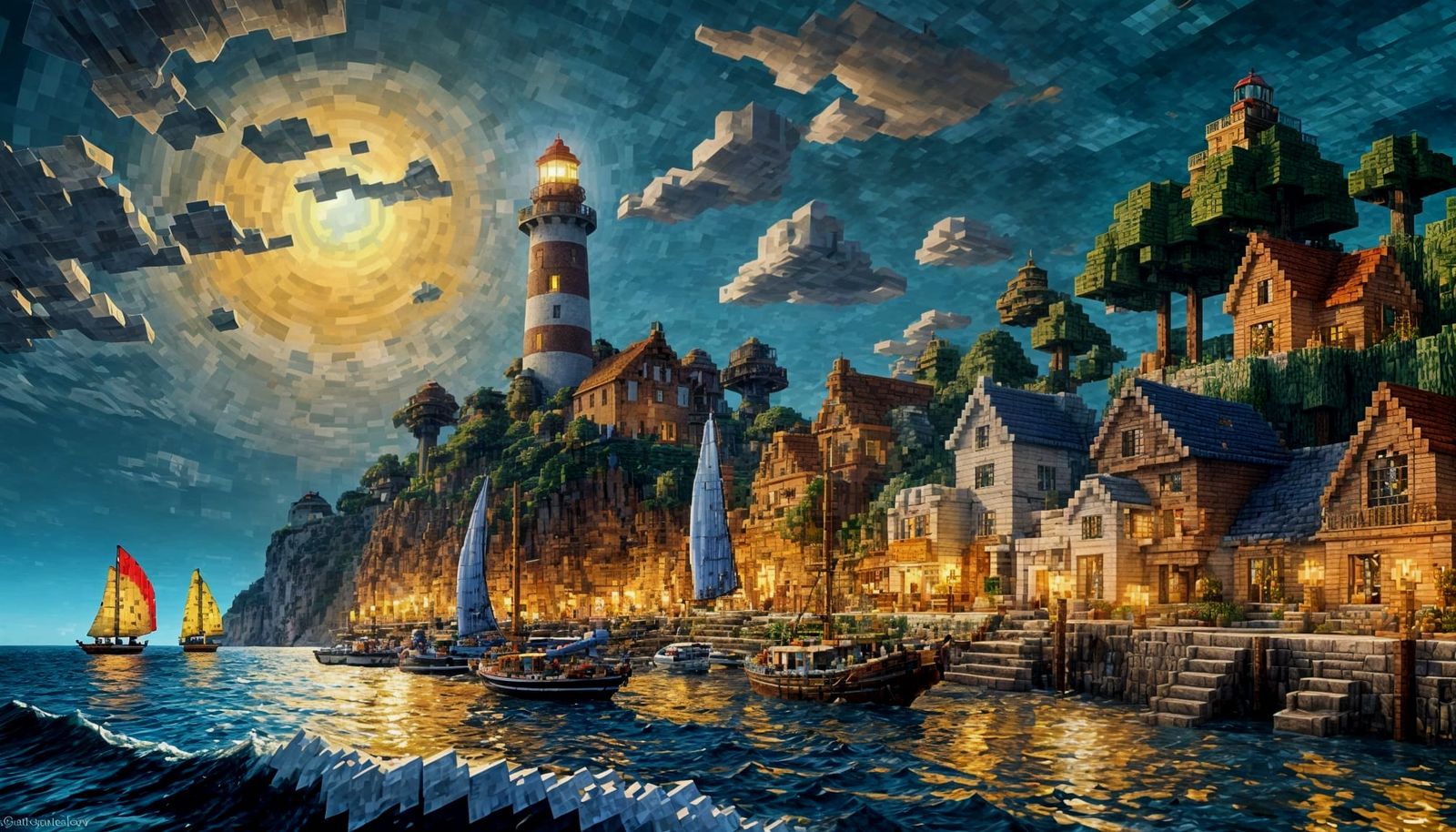 Minecraft Seaside Lighthouse at Night in Neo-Impressionist S...