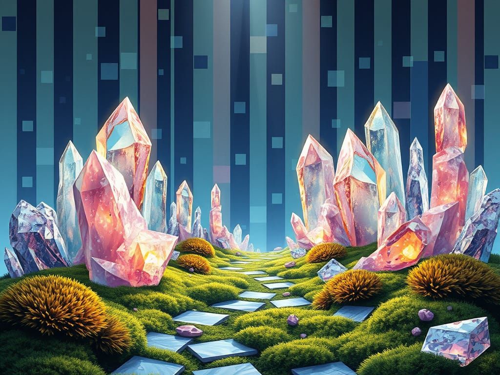 Surreal Cityscape with Crystal Pathway and Mosaic Background