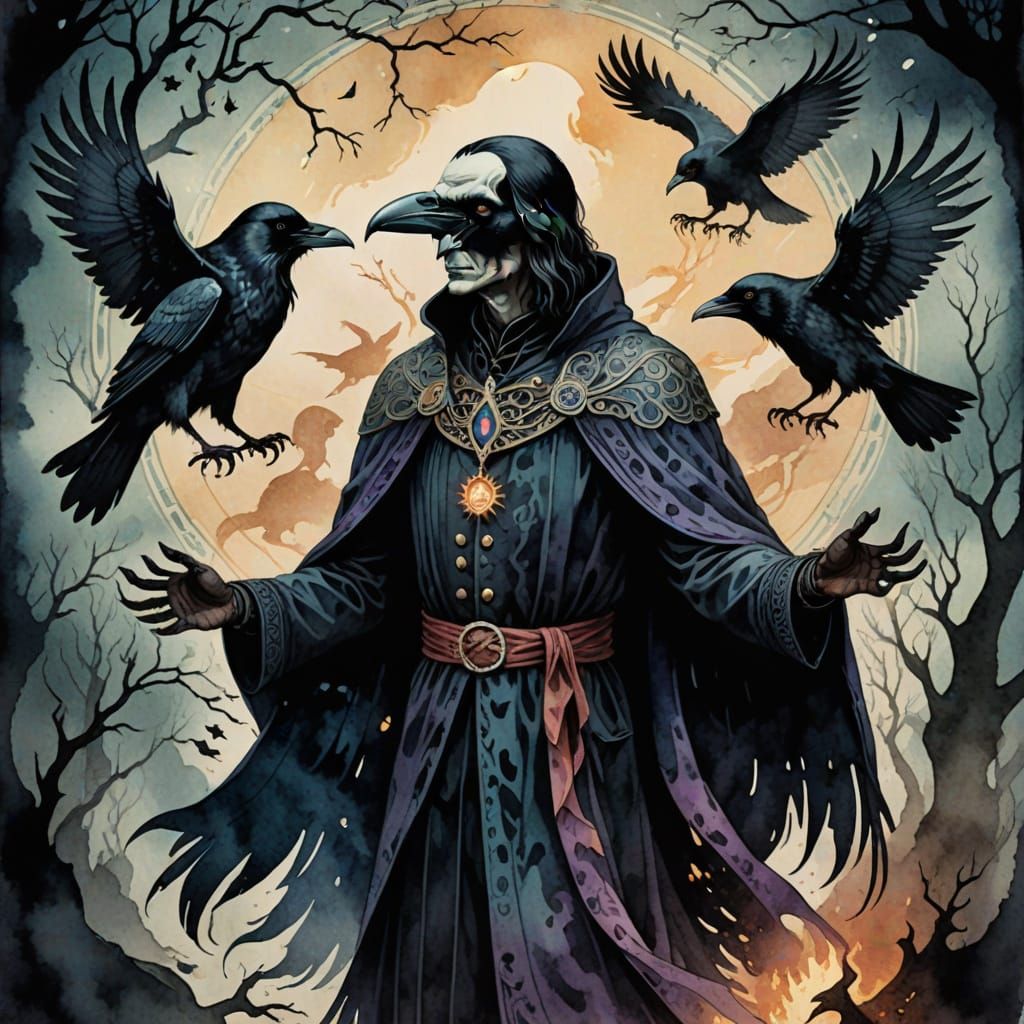 Summoning of the Raven Man in Vintage Storybook Style