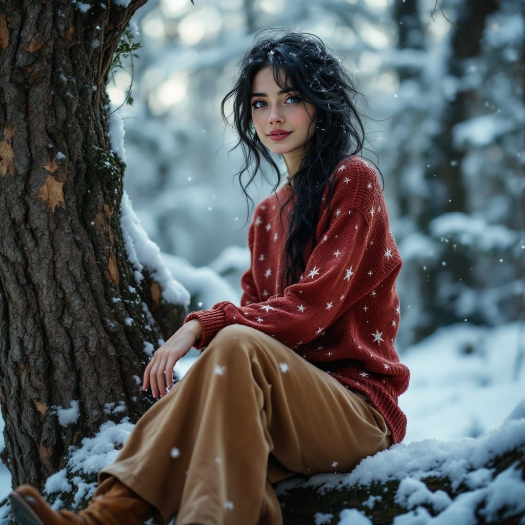Smiling Woman in Winter Forest: Art Nouveau Style