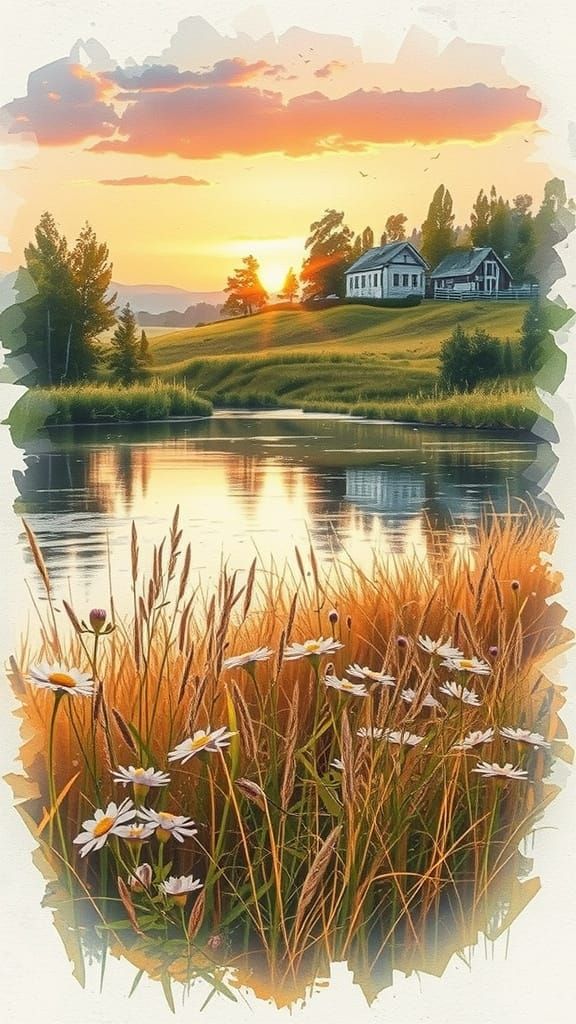 Sunset Village: Minimalist Double Exposure Watercolor