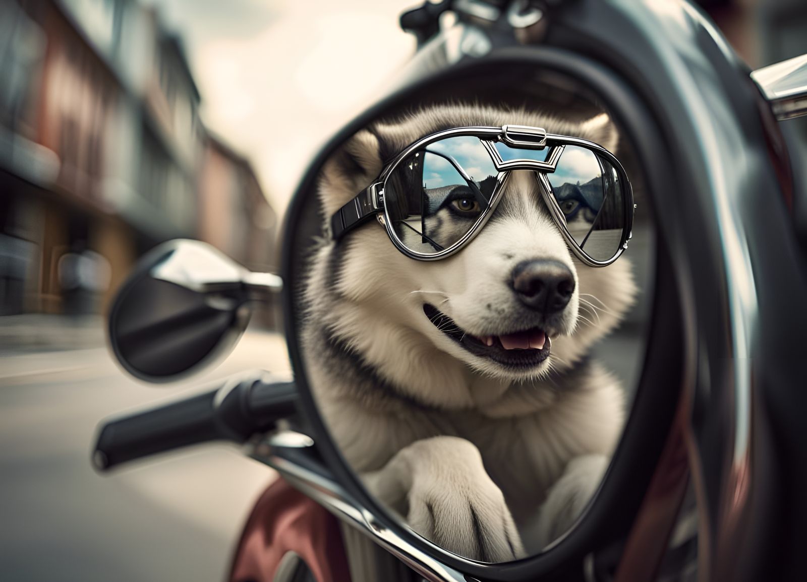 Husky Rides Motorbike in Mirror Sunglasses