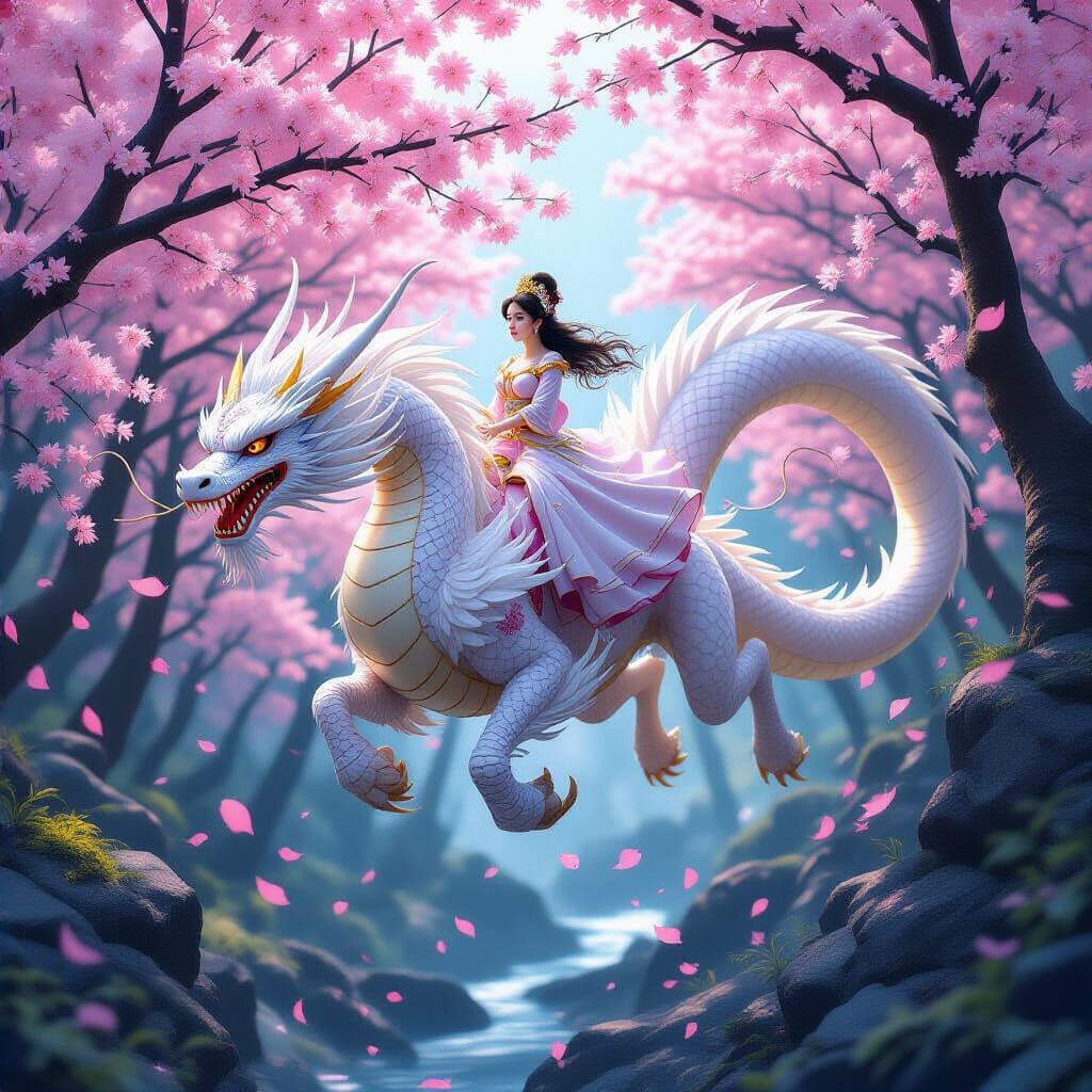 Japanese Dragon with Princess in Cherry Blossom Forest