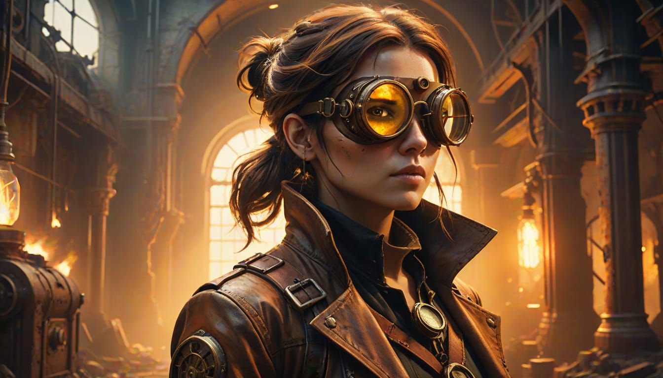 A steampunk female explorer walking through the ruins of an ancient laboratory buried in volcanic ash.