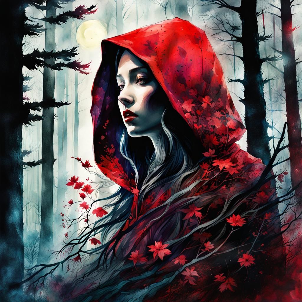 Red Riding Hood Double Exposure in Dark Forest