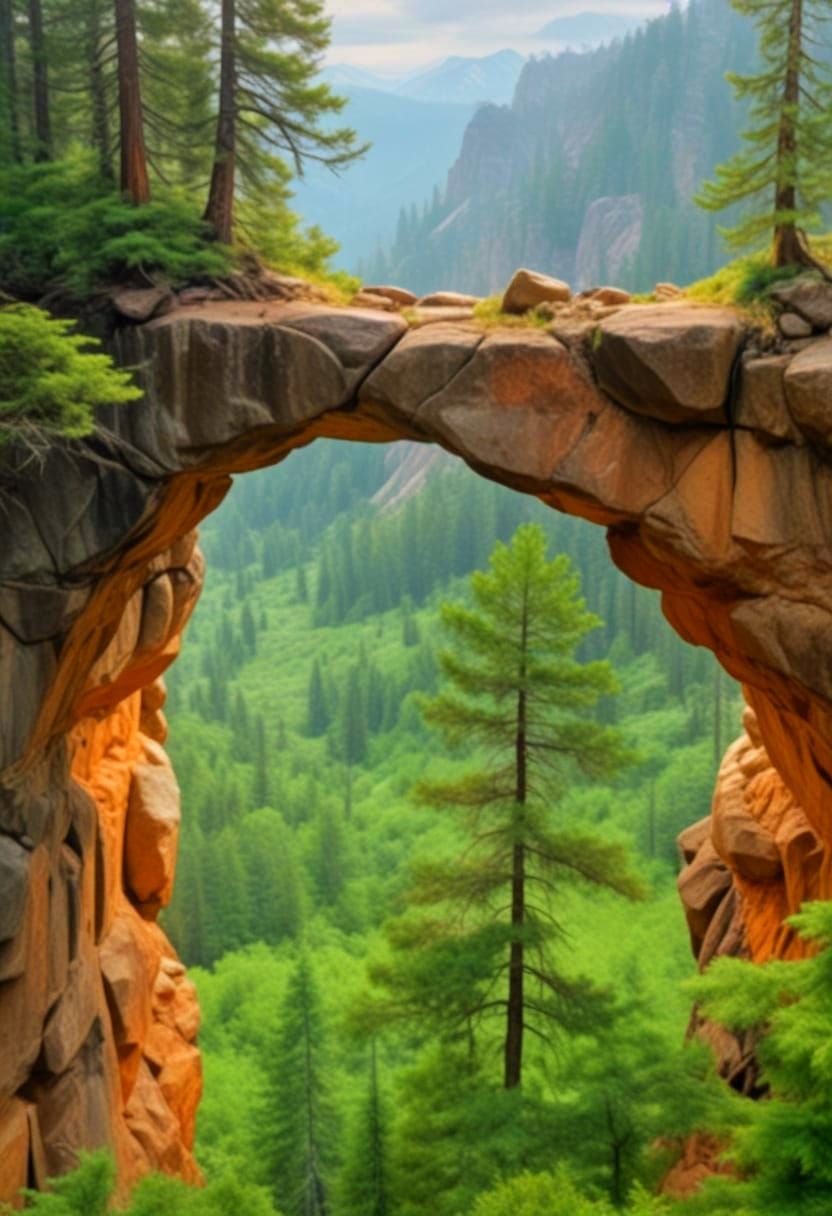 Rocky Archway Overlooking Misted Valley Landscape