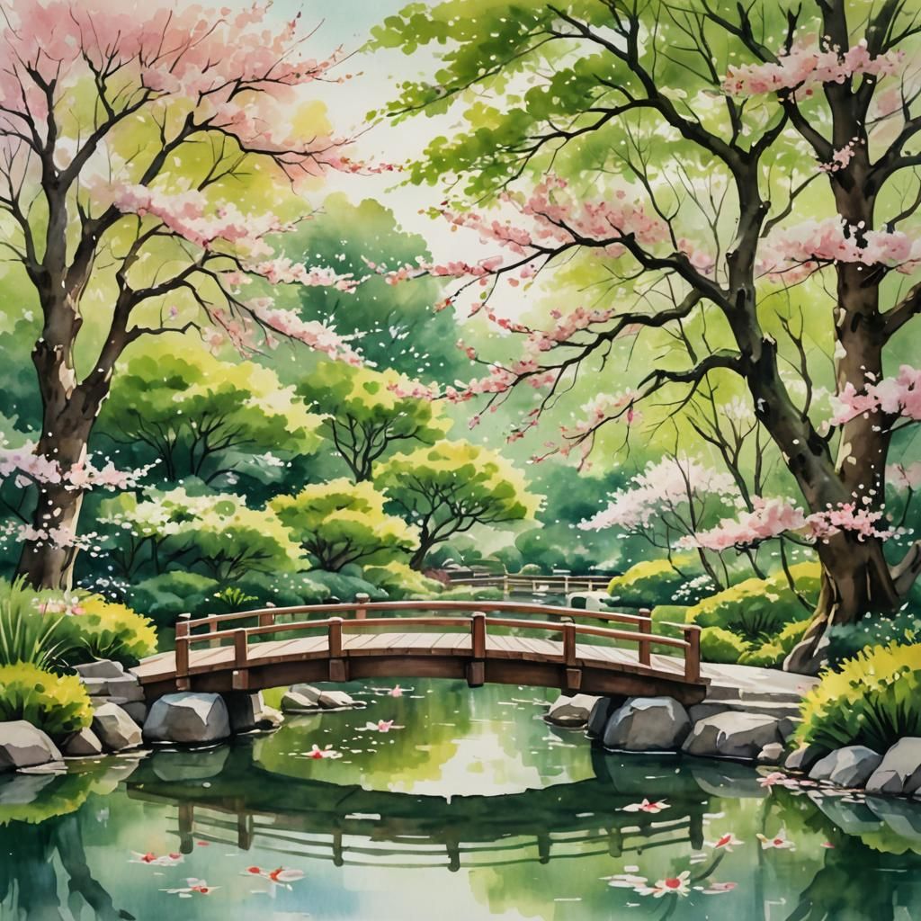 Japanese Garden Cherry Blossoms in Watercolor Style