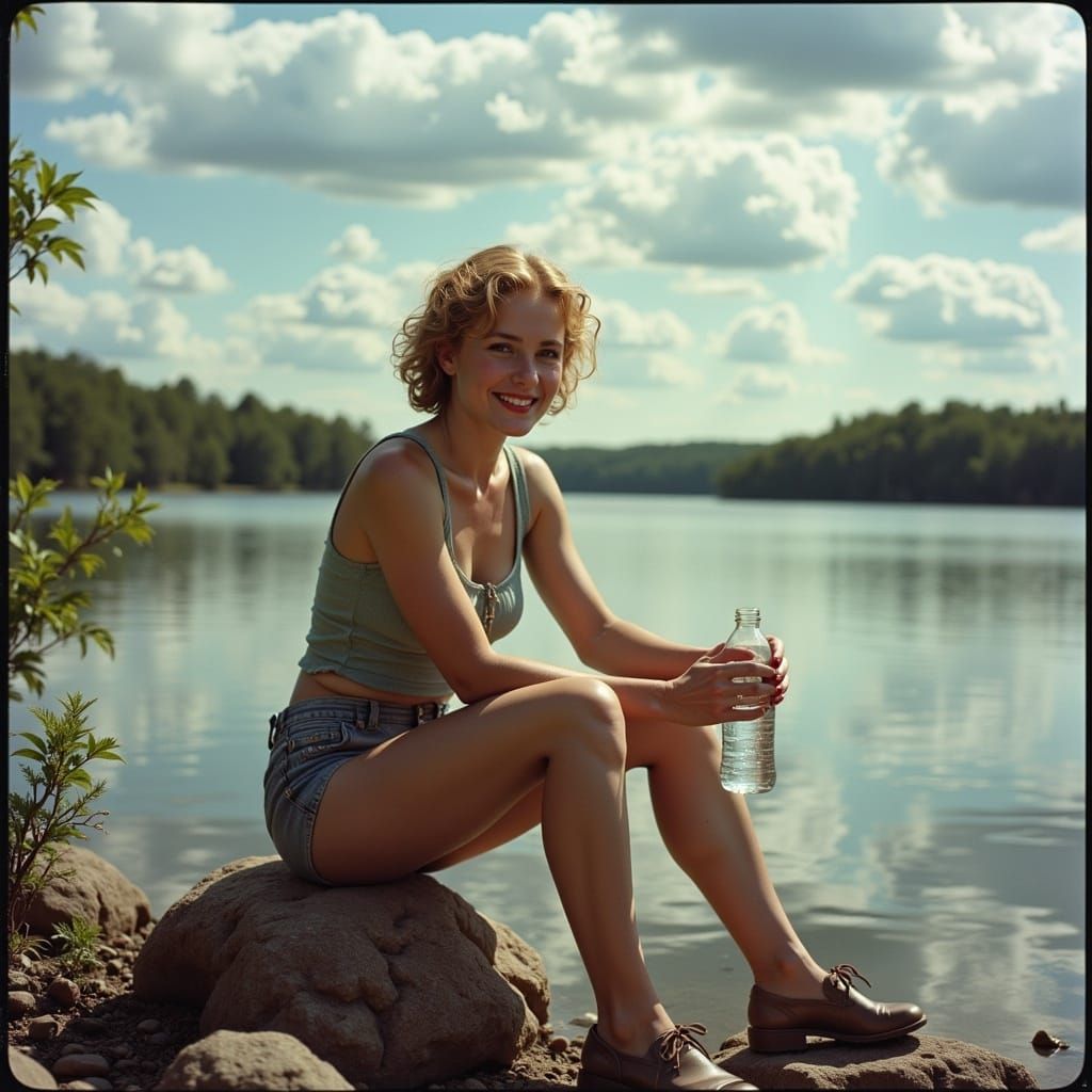 Blonde Woman by Lake in 90s Style Photo