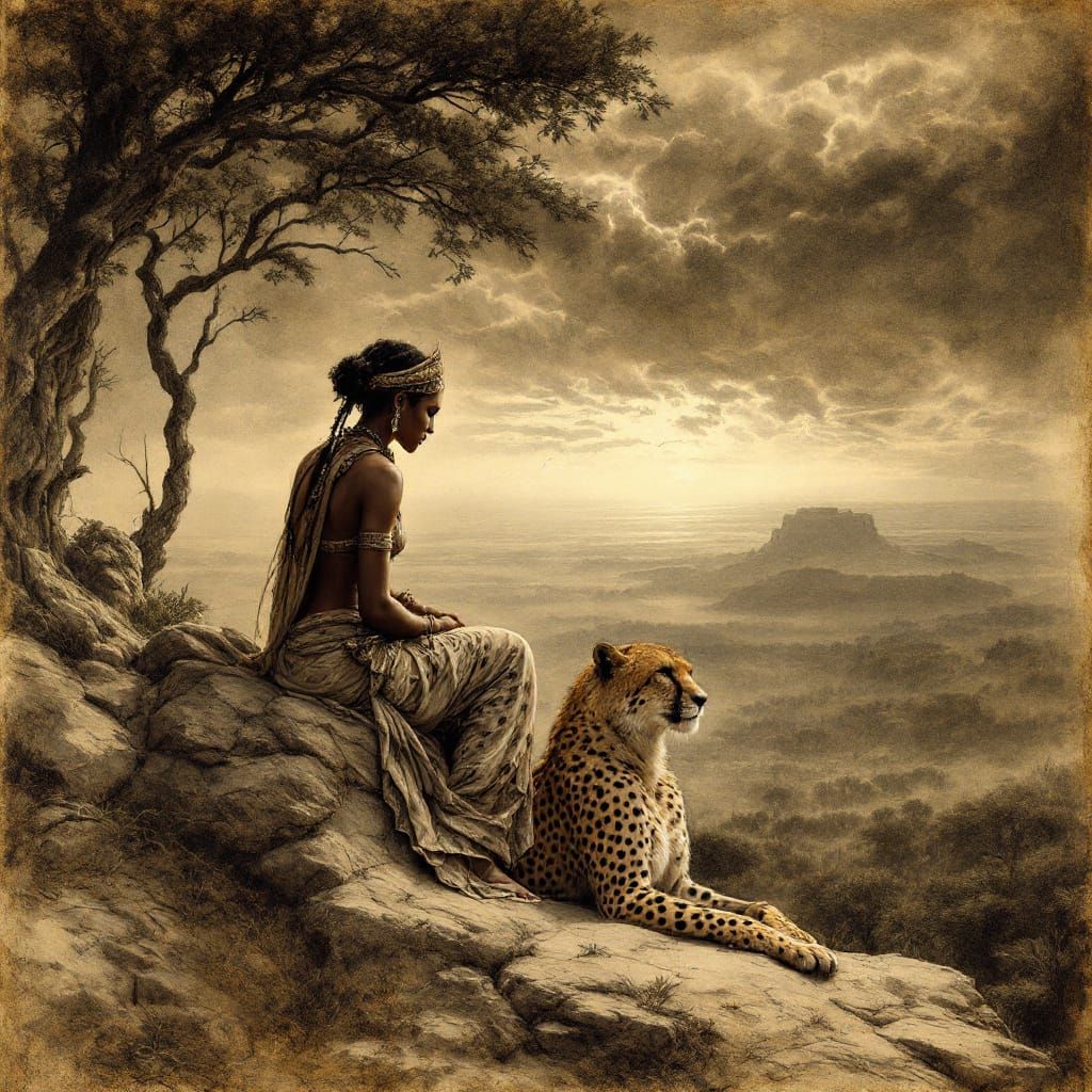African Warrior Queen & Cheetah in Renaissance Sketch Style
