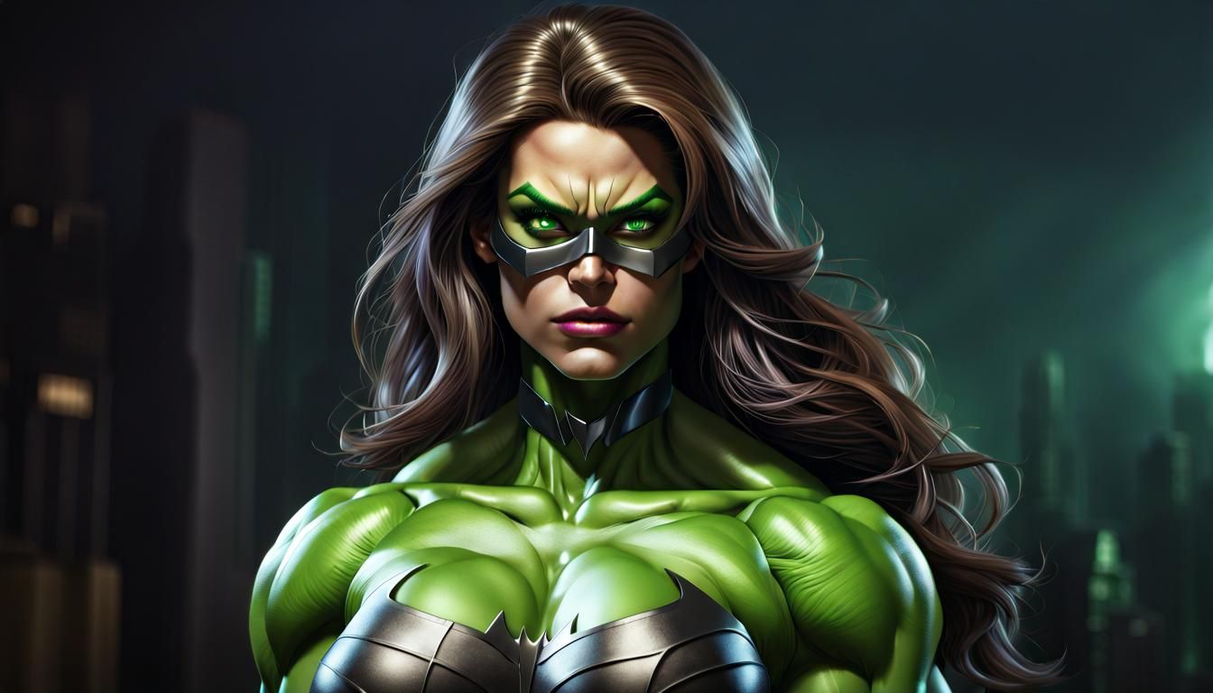 Hyperrealistic Batman and She-Hulk Fusion at Night