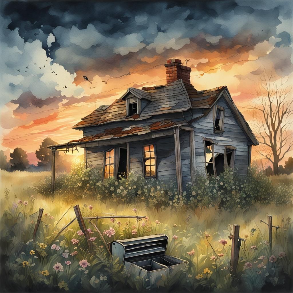 Abandoned Farmhouse Watercolor Painting at Sunset