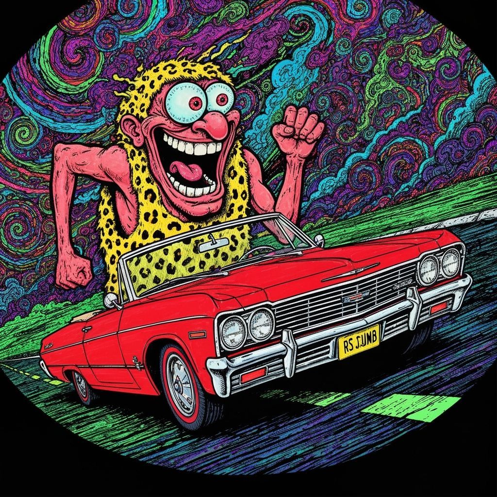 Psychedelic 1960s Caveman Driving in Ed Roth Style