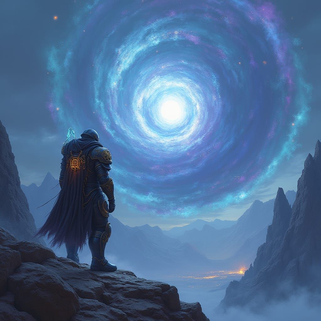 Armored Space Marine on Windswept Mountain Peak