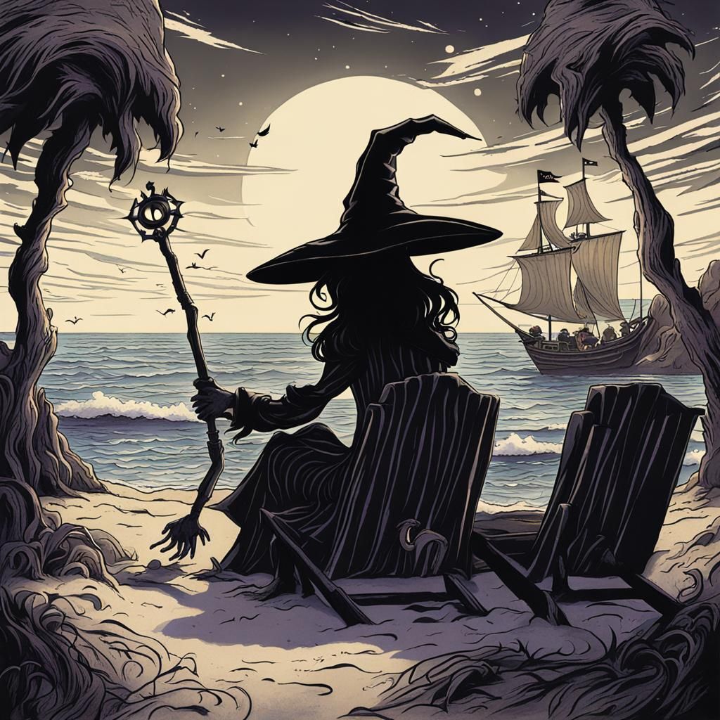 Sinister Witch Vacationing on Fantasy Beach