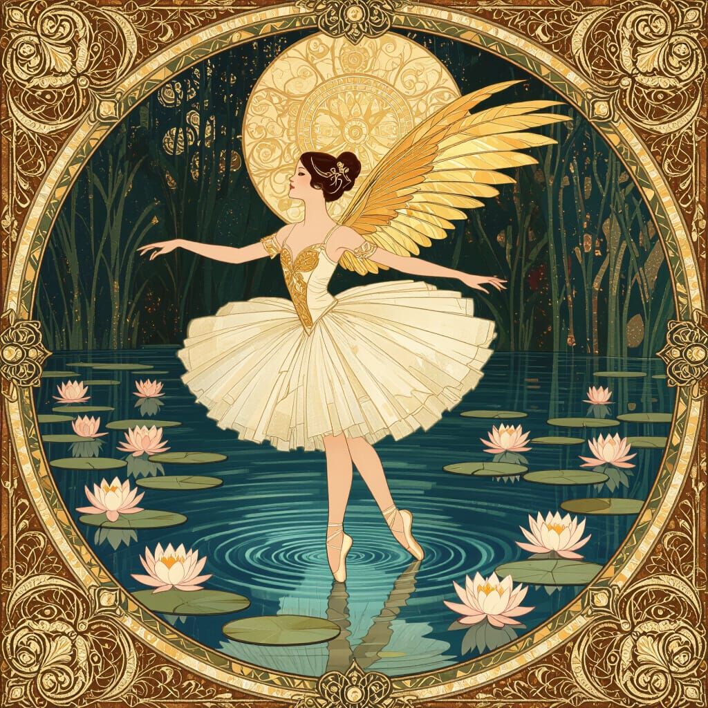 Ballerina with Golden Feathers in Art Nouveau Style
