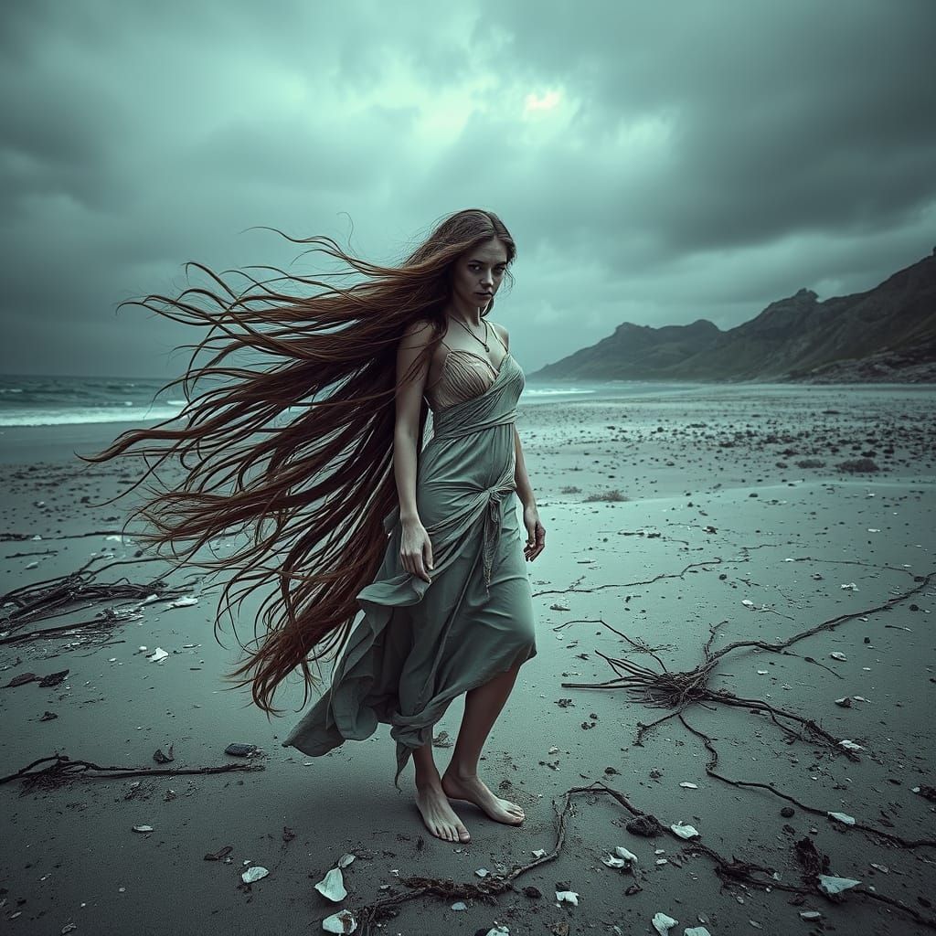 Calypso on Desolate Ancient Greek Beach in Surreal Style