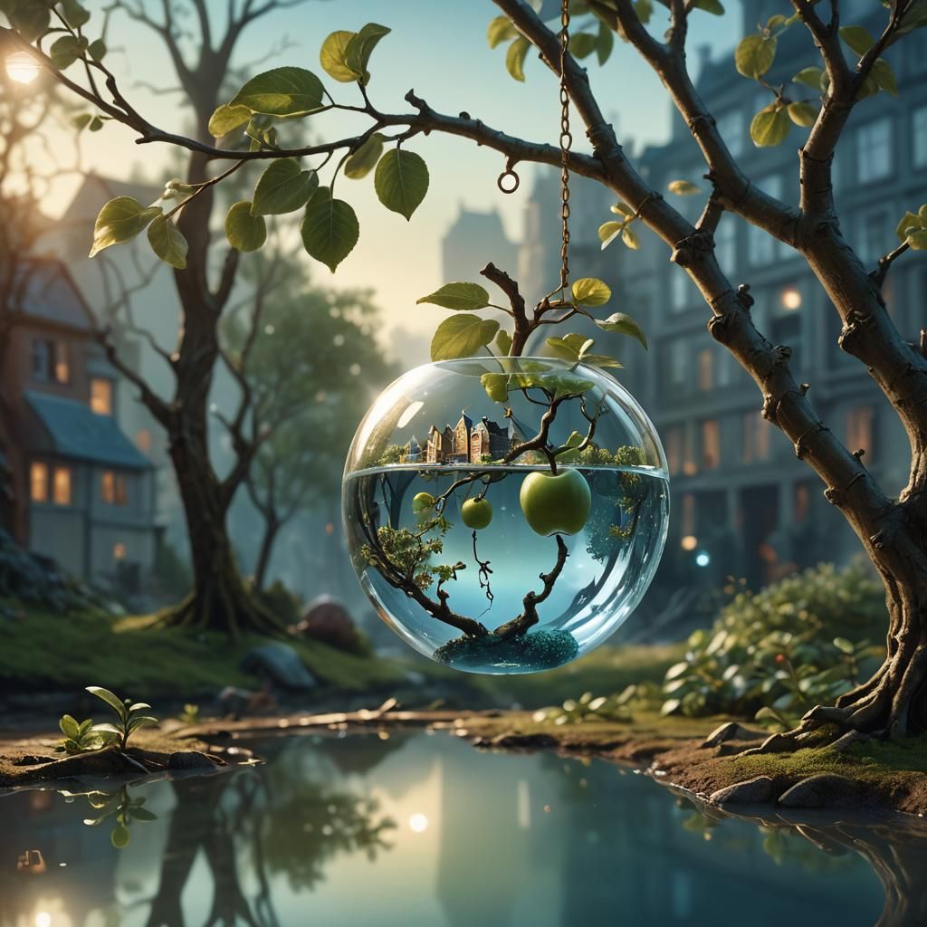 Glass Apple Containing Miniature World: Digital Matte Painti...