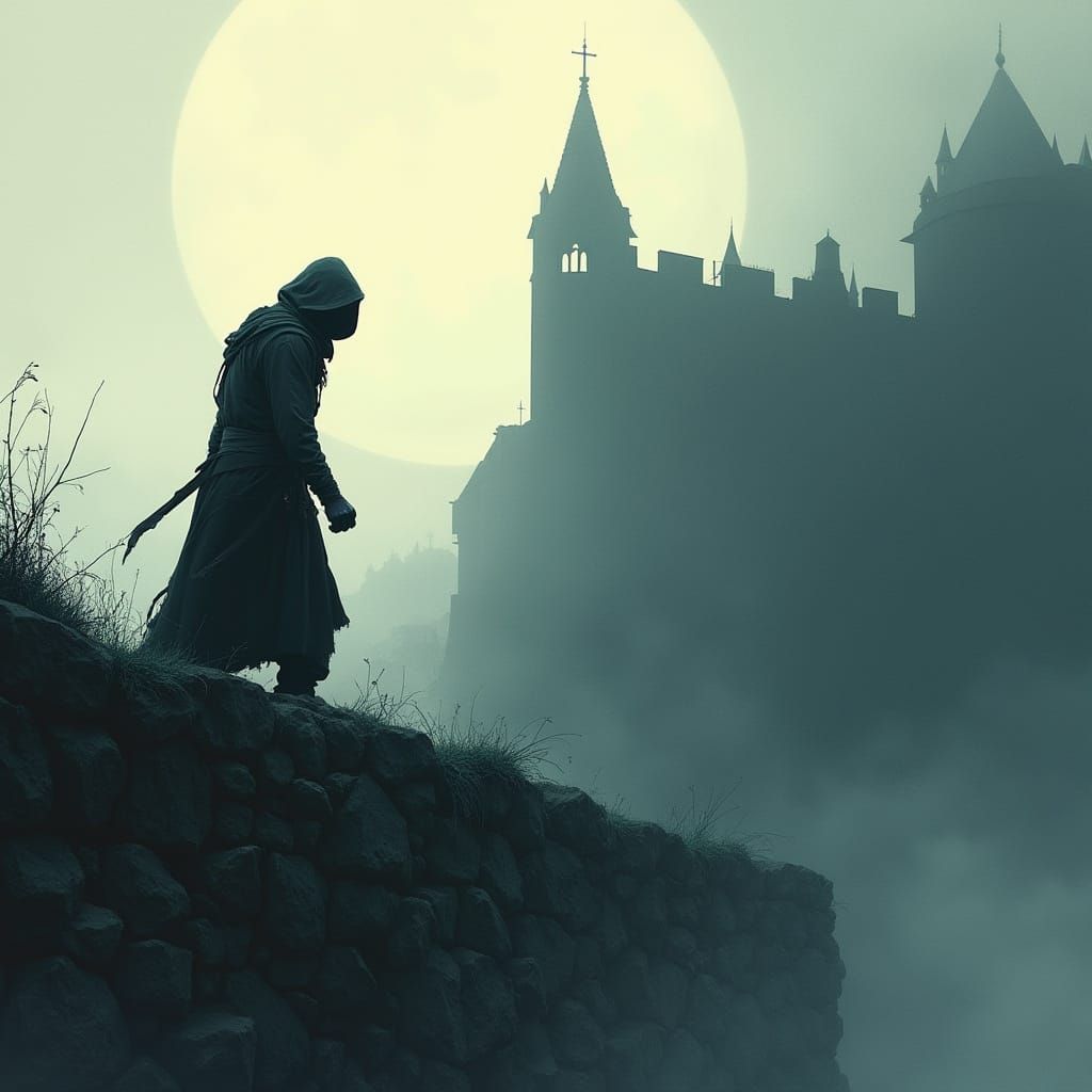 Silhouetted Assassin Climbs Ancient Stone Wall Under Moonlit...